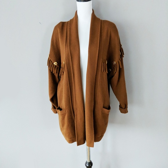 Escada Knit Wool Cardigan Fringe Star Buttons 36 - Picture 1 of 8